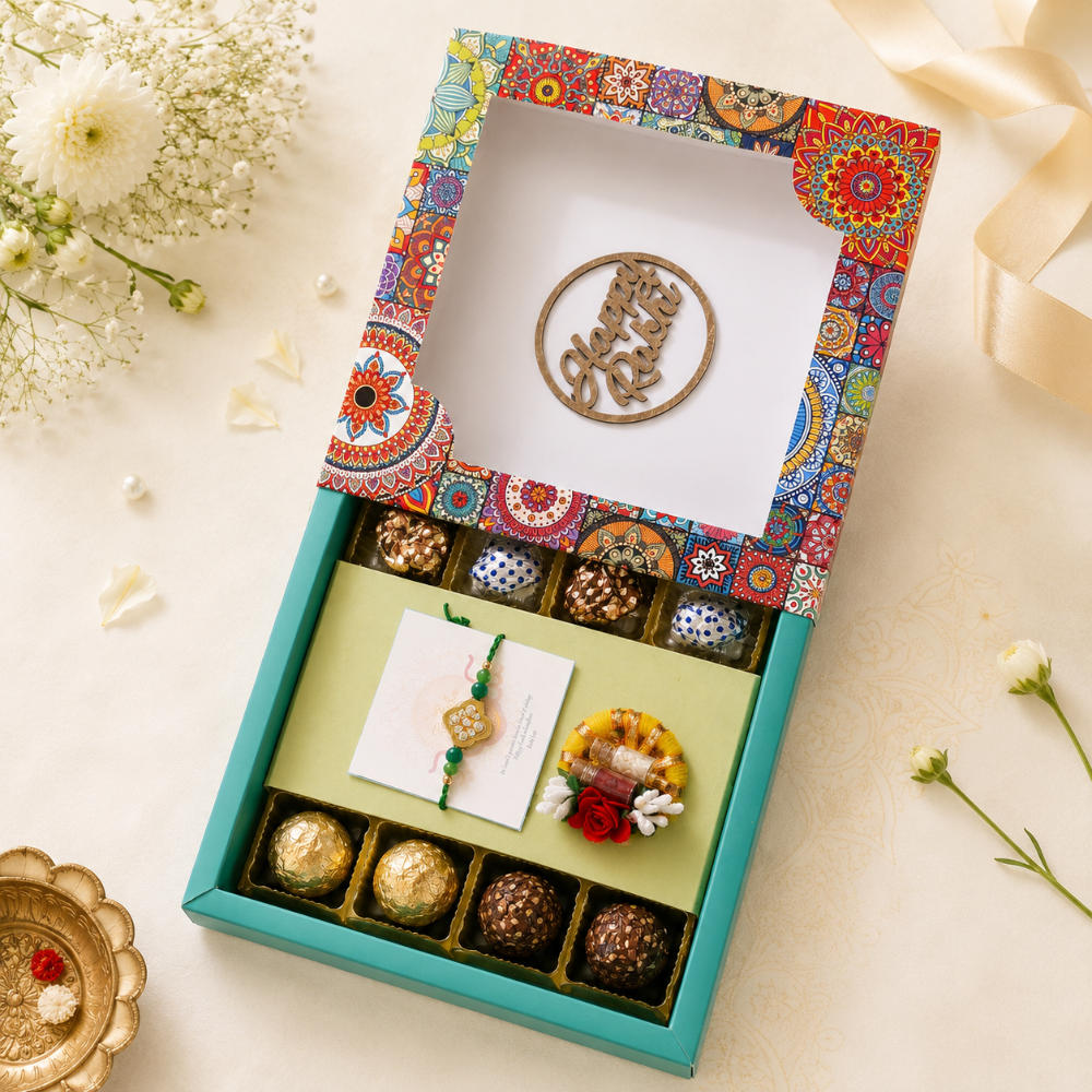 Nutri Couture Rakhi Hamper Box Laddu & Rakhi Combo Single Rakhi, Tilak Platter - NCR26.3