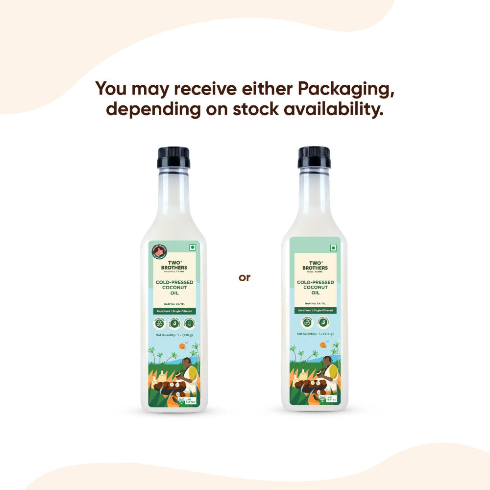 Two Brothers India Farms Coconut Oil, Made using farm grown Coconut | Cold-Pressed and Single-Filtered Oil for healthier Cooking | Kacchi Ghani/Mara Chekku, Natural and Unrefined 1 Litre