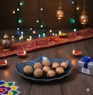 Nutri Couture Blue Ceramic Platter with Dates & Dryfruit Laddus