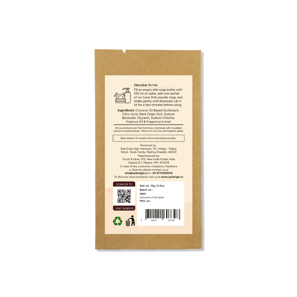 Soil Origin Powder to Liquid Dishwash (Lime), Toxic Free