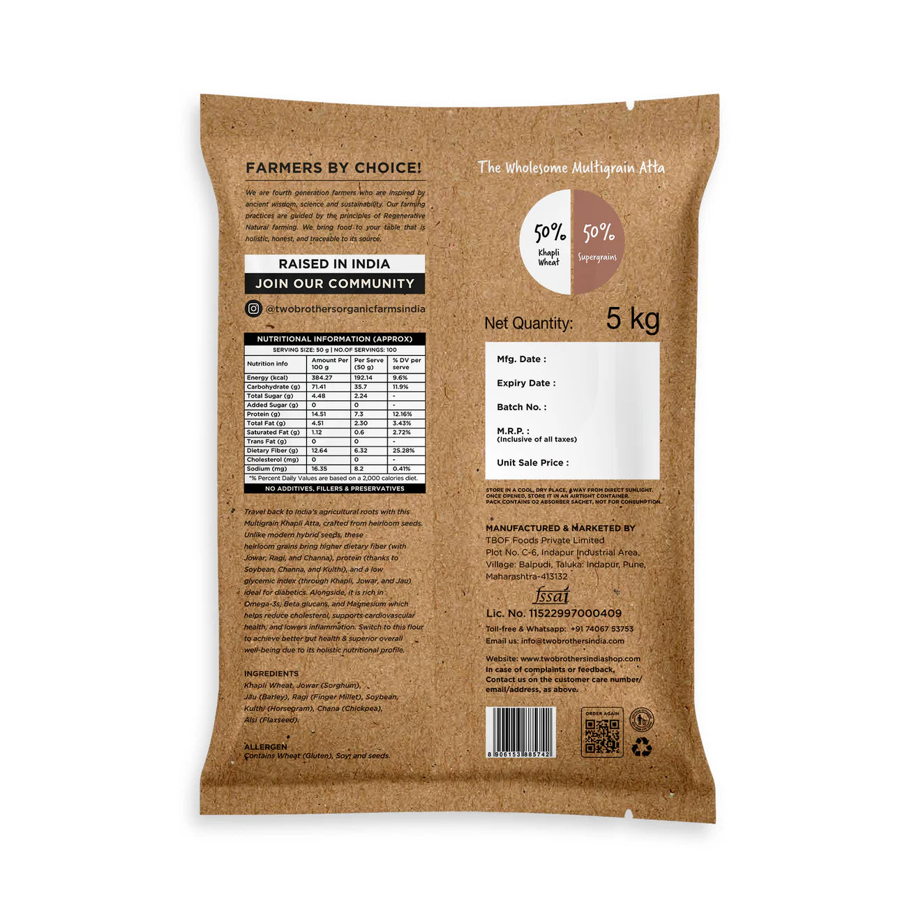 Two Brothers Organic Farms Khapli Multigrain Atta - 5Kg