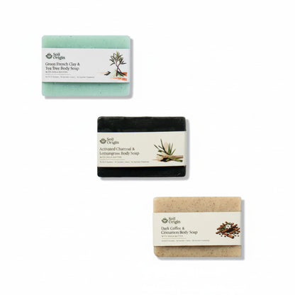 Soil Origin Handmade Body Soap Combo - Green French Clay, Charcoal Lemongrass, Coffee Cinnamon
