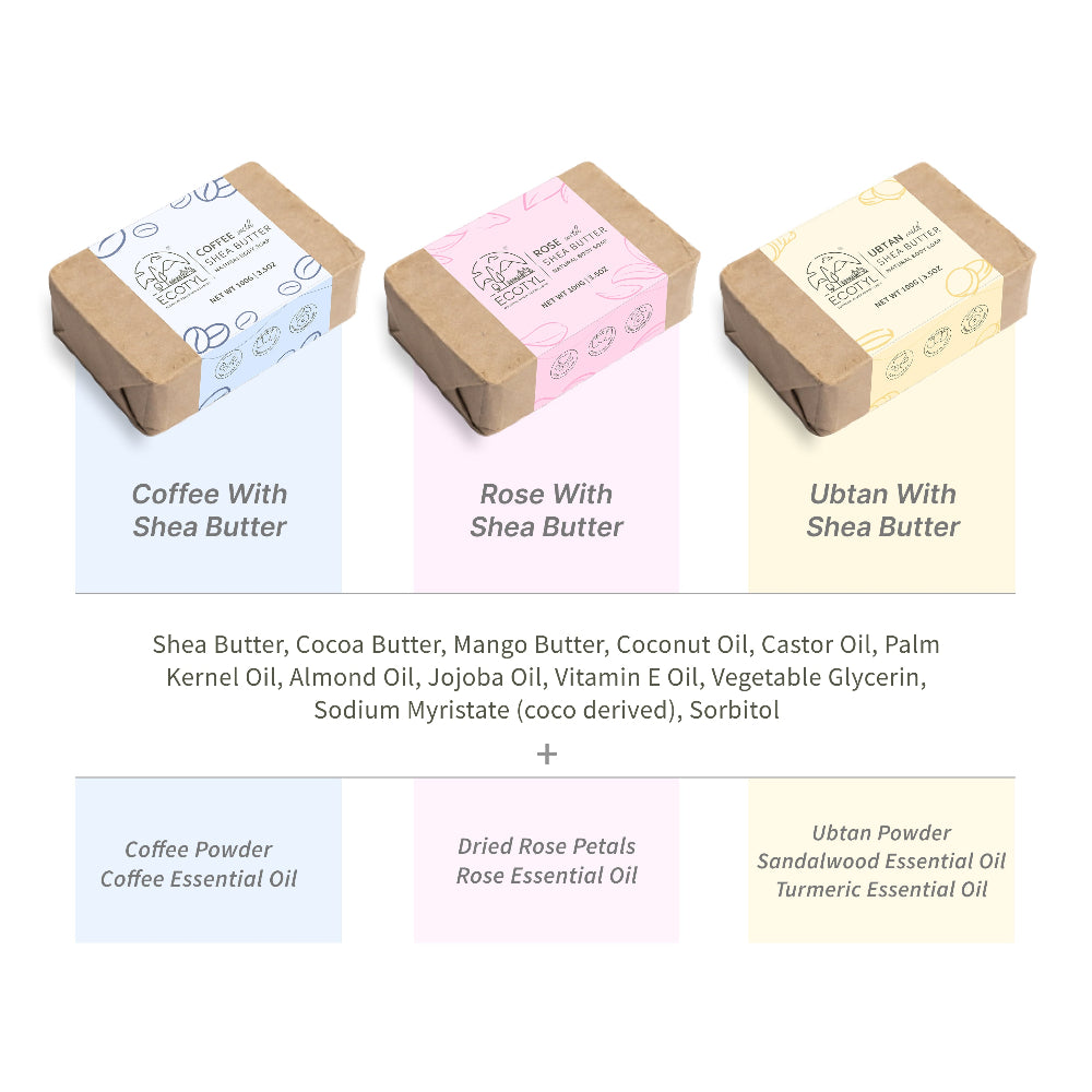Ecotyl Shea Butter Soaps - Ubtan, Rose & Coffee Set of 3