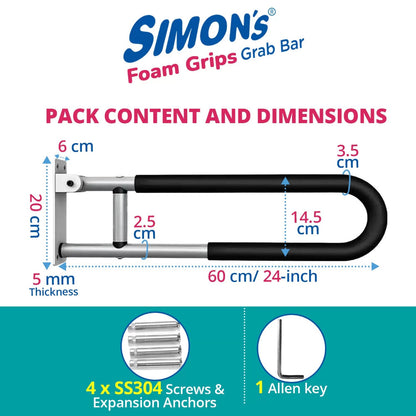 Simon’s FoamGrips Heavy-Duty Aluminum Folding Grab Bar for Elderly in Toilet – 60cm