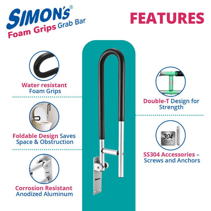 Simon’s FoamGrips Heavy-Duty Aluminum Folding Grab Bar for Elderly in Toilet – 60cm