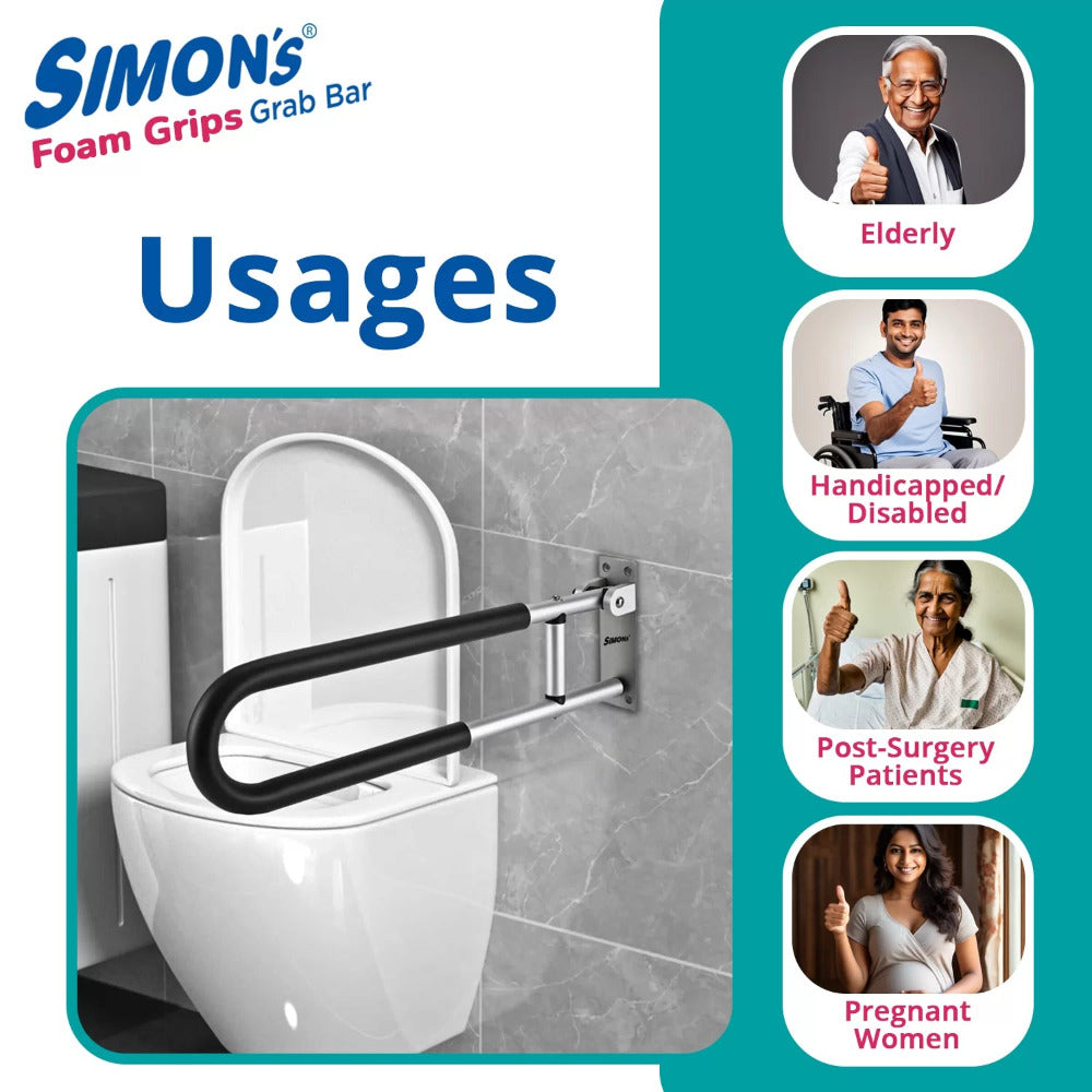 Simon’s FoamGrips Heavy-Duty Aluminum Folding Grab Bar for Elderly in Toilet – 60cm