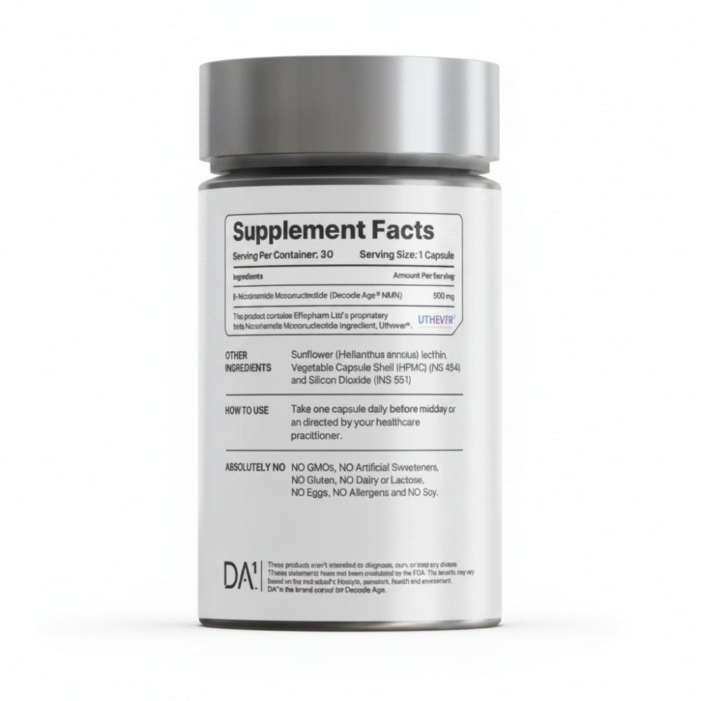 Decode Age Liposomal NMN Supplement | 99.9% Pure Beta NMN | NAD+ Booster for Energy, Metabolism, Cellular Repair & Brain Health | High Bioavailability| 500mg, 30 Capsules, Vegan