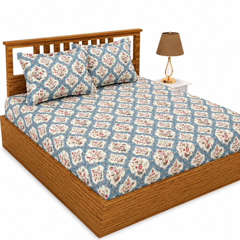 Morado Premium Glace Cotton Elastic Fitted Double Bedsheet with 2 Pillow Covers (72x78x8 Inches)- Unique Flower