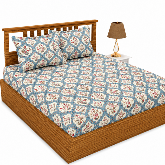 Morado Premium Glace Cotton Elastic Fitted Double Bedsheet with 2 Pillow Covers (72x78x8 Inches)- Unique Flower