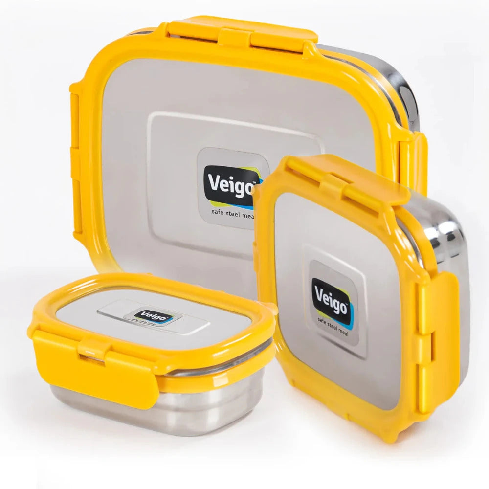 Veigo Celebration- Set of 3 Stainless Steel Leakproof Lunch Boxes(Ready-to-Gift Pack)