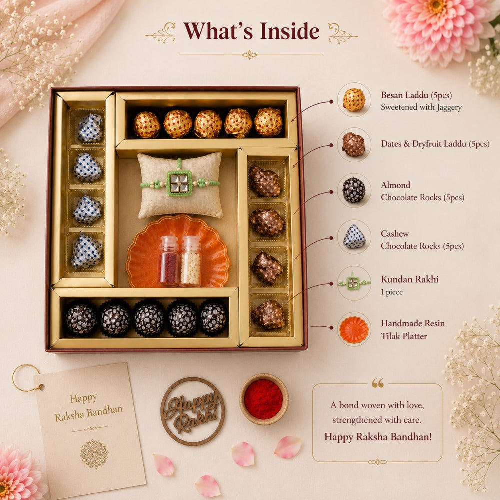 Nutri Couture Rakhi Hamper Box 5 in 1 Laddu & Trail Mix Combo- NCD#8