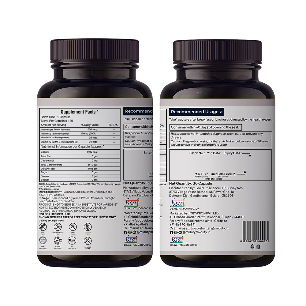 Miduty Vitamin ADK | D3 + K2 + K1 + A For Eyes, Immunity, Bones Care - 30 Capsules