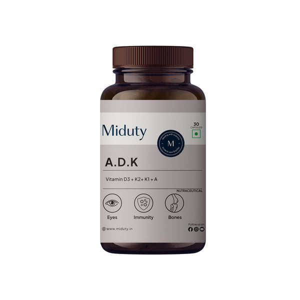 Miduty Vitamin ADK | D3 + K2 + K1 + A For Eyes, Immunity, Bones Care - 30 Capsules