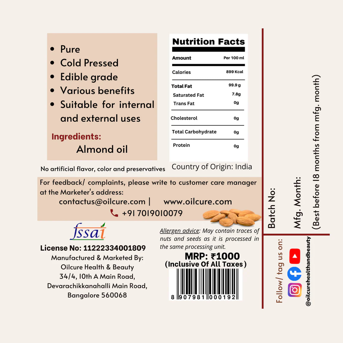 Oilcure | Almond Oil Cold Pressed-100 ml