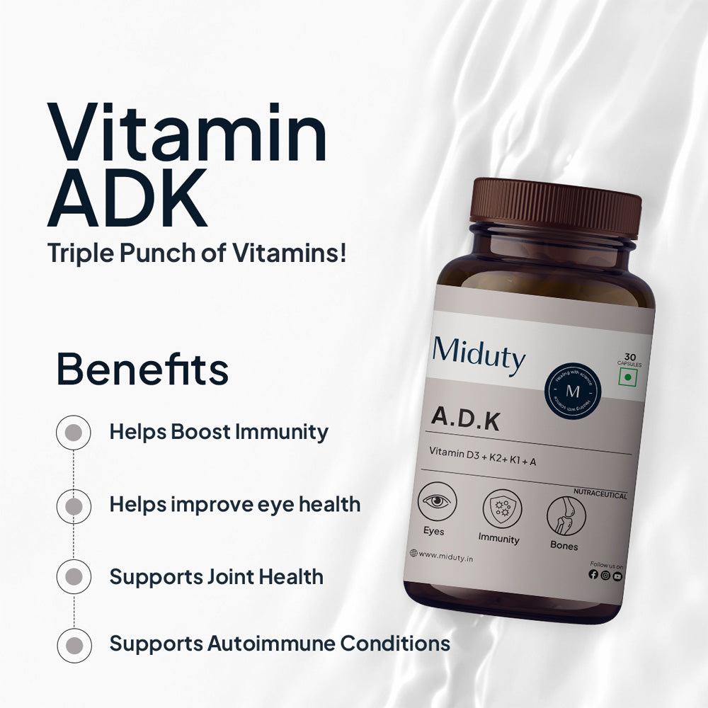 Miduty Vitamin ADK | D3 + K2 + K1 + A For Eyes, Immunity, Bones Care - 30 Capsules