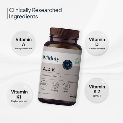 Miduty Vitamin ADK | D3 + K2 + K1 + A For Eyes, Immunity, Bones Care - 30 Capsules