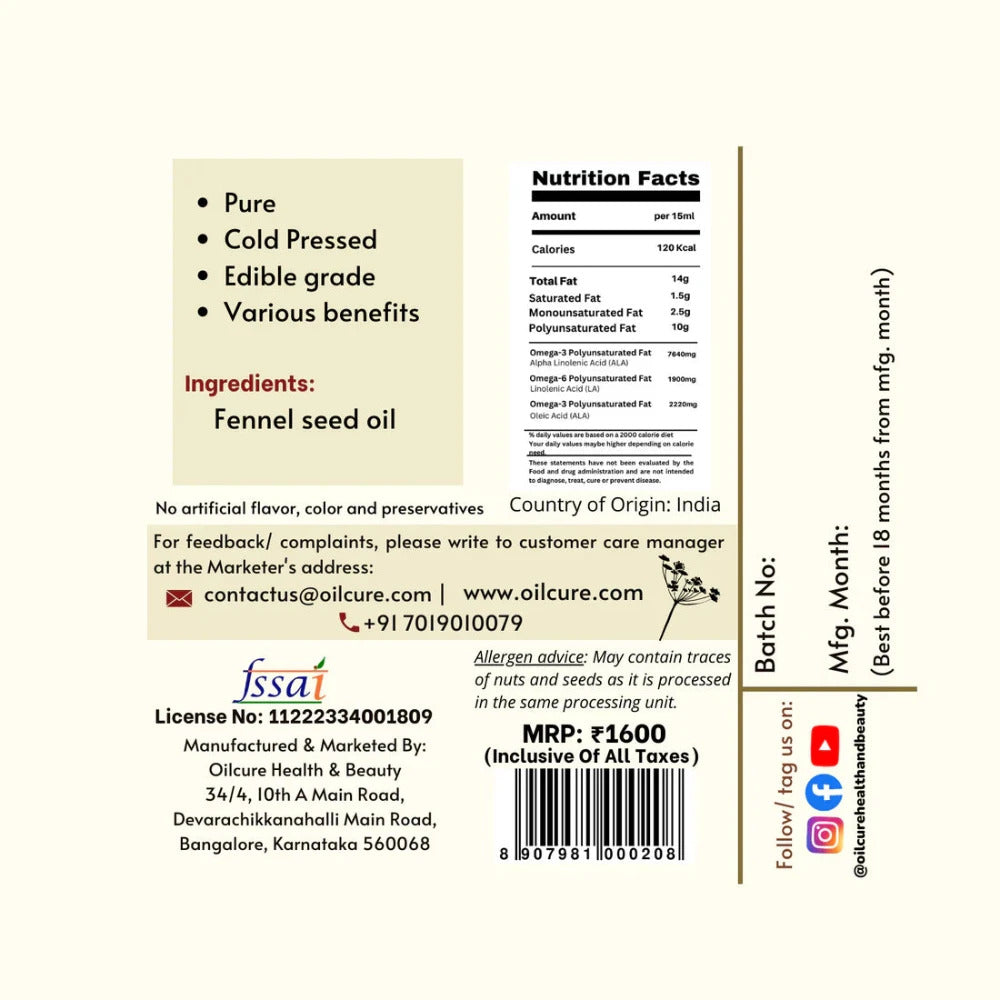Oilcure Fennel Seed Oil (Saunf) Cold Pressed