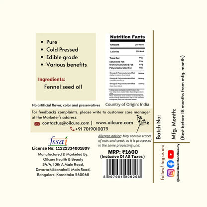 Oilcure Fennel Seed Oil (Saunf) Cold Pressed