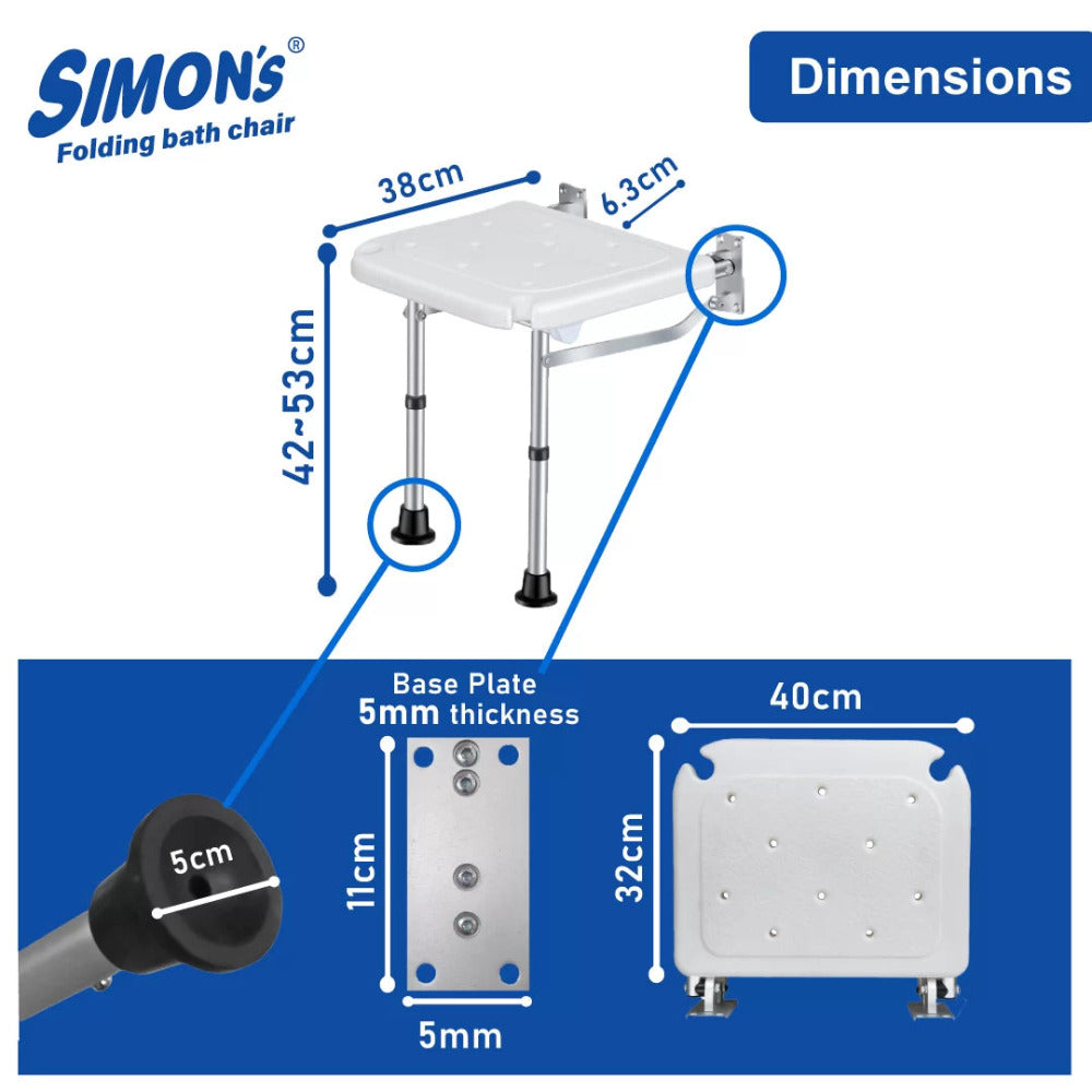 Simon’s Folding Wall Bath Chair with Adjustable Legs | Supports Upto 136 Kgs | Adjustable Height