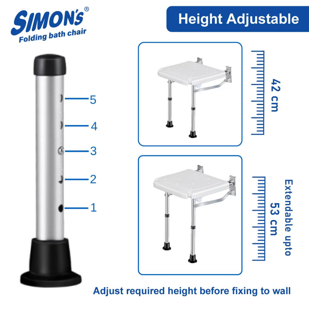 Simon’s Folding Wall Bath Chair with Adjustable Legs | Supports Upto 136 Kgs | Adjustable Height