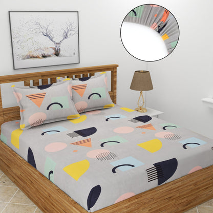 Morado Elastic Fitted Double Bedsheet with Pillow Covers- Multi Color