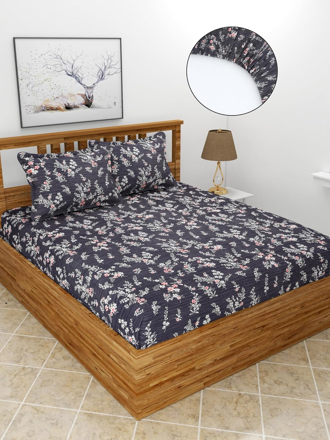 Premium Glace Cotton Elastic Fitted Double Bedsheet with 2 Pillow Covers (72x78x8 Inches)- BlueBale