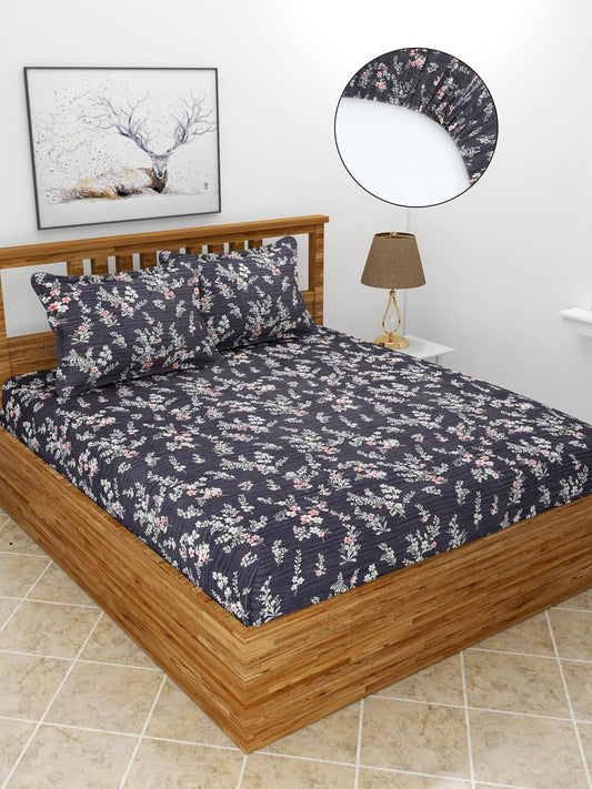 Premium Glace Cotton Elastic Fitted Double Bedsheet with 2 Pillow Covers (72x78x8 Inches)- BlueBale