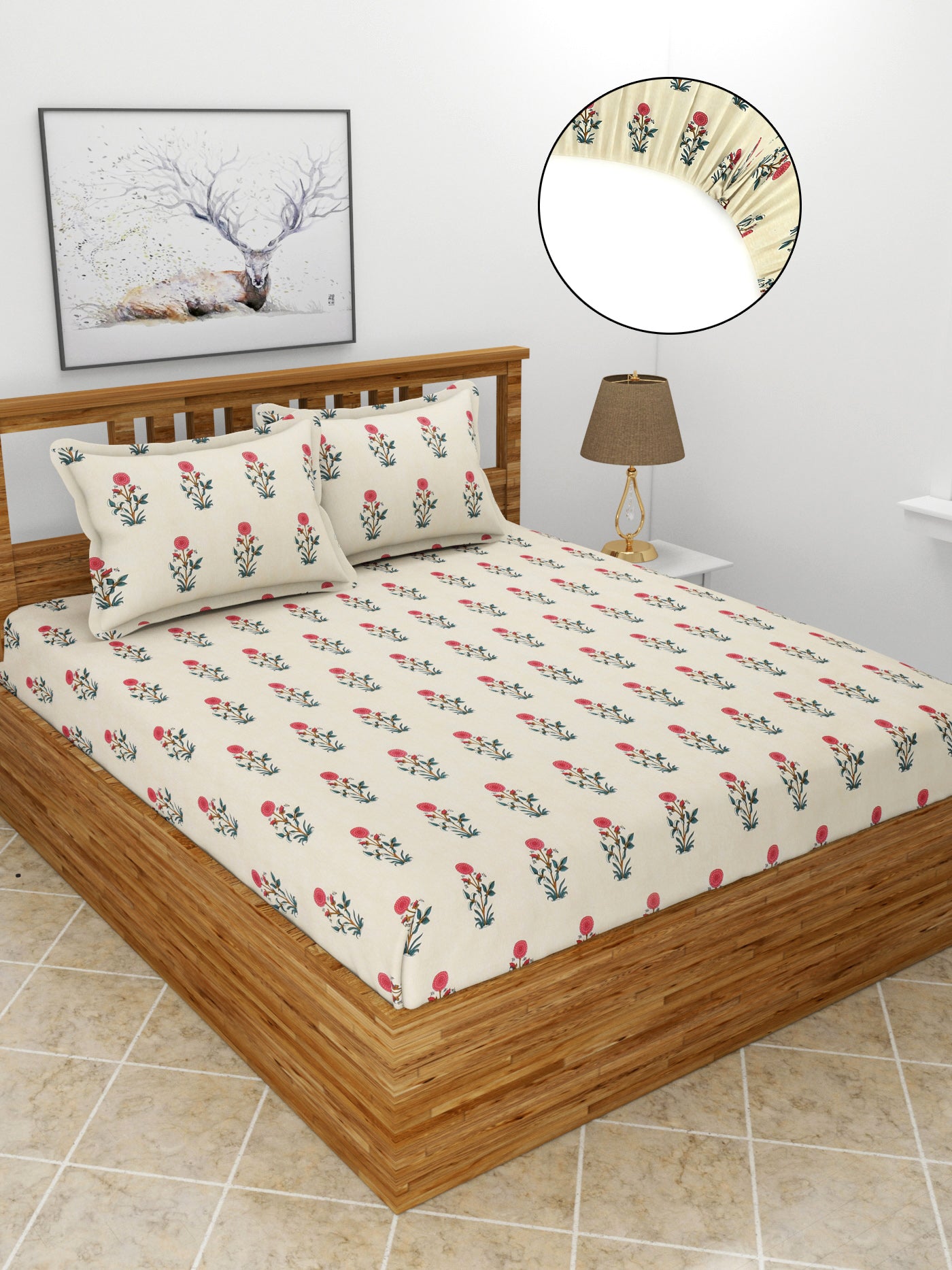 Premium Glace Cotton Elastic Fitted Double Bedsheet with 2 Pillow Covers (72x78x8 Inches)- FlowerShop