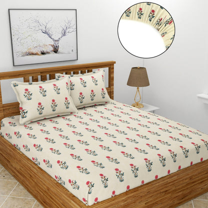 Morado Premium Glace Cotton Elastic Fitted Double Bedsheet with 2 Pillow Covers (72x78x8 Inches)- Flower Shop