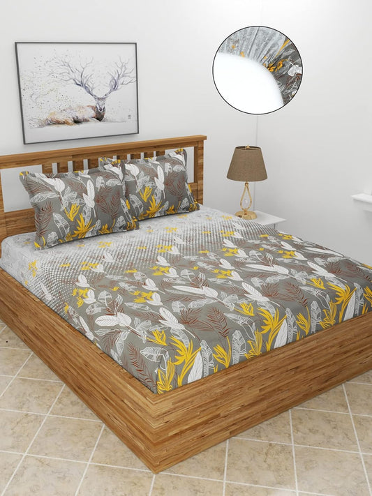 Premium Glace Cotton Elastic Fitted Double Bedsheet with 2 Pillow Covers (72x78x8 Inches)- CharcoalPankhMor