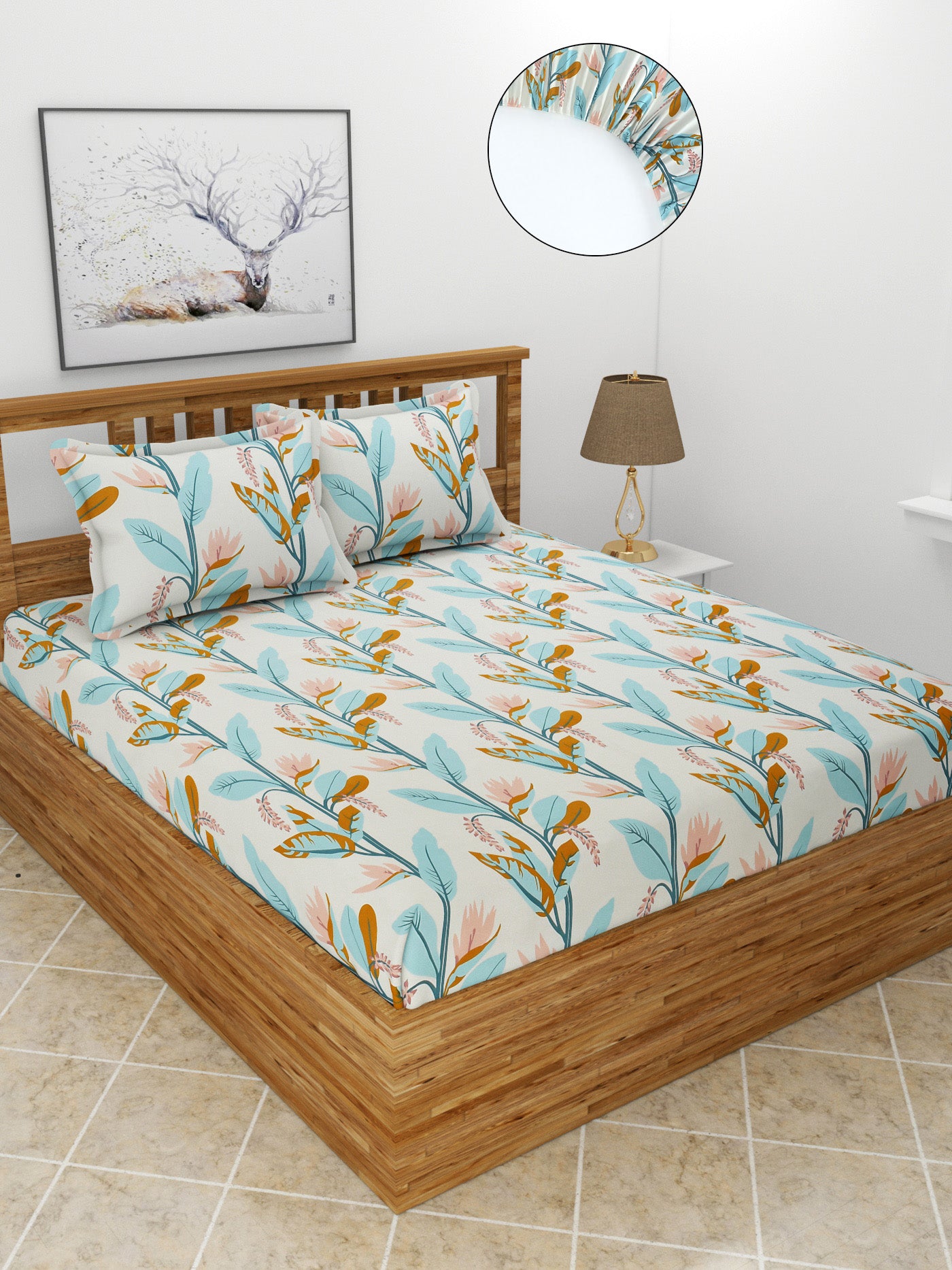 Premium Glace Cotton Elastic Fitted Double Bedsheet with 2 Pillow Covers (72x78x8 Inches)- LightGreenLeaves