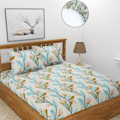 Morado Premium Glace Cotton Elastic Fitted Double Bedsheet with 2 Pillow Covers (72x78x8 Inches)- Light Green Leaves