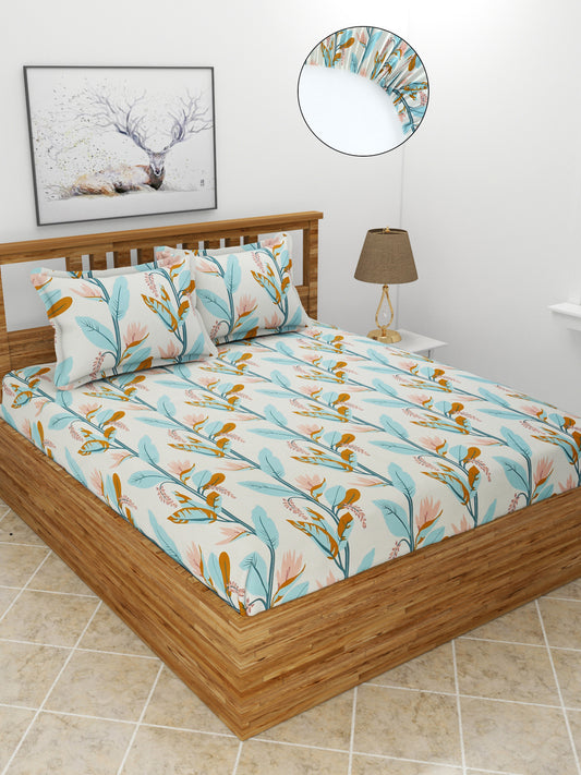 Premium Glace Cotton Elastic Fitted Double Bedsheet with 2 Pillow Covers (72x78x8 Inches)- LightGreenLeaves