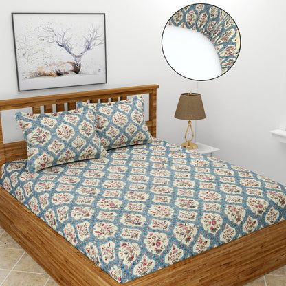 Morado Premium Glace Cotton Elastic Fitted Double Bedsheet with 2 Pillow Covers (72x78x8 Inches)- Unique Flower