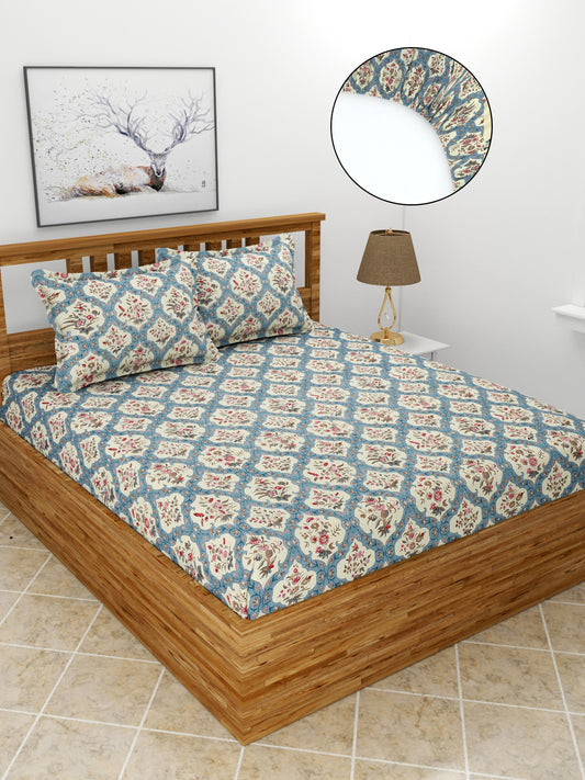 Premium Glace Cotton Elastic Fitted Double Bedsheet with 2 Pillow Covers (72x78x8 Inches)- UniqueFlower