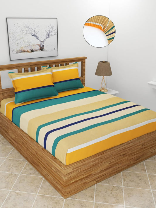 Premium Glace Cotton Elastic Fitted Double Bedsheet with 2 Pillow Covers (72x78x8 Inches)- BrownHrizontalLine