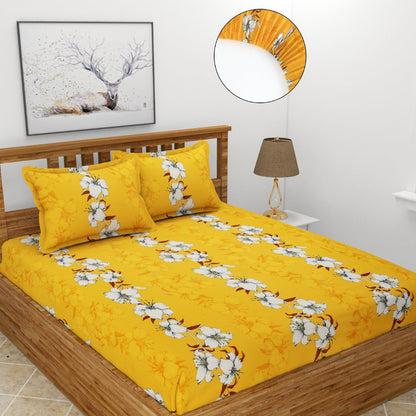 Morado Premium Glace Cotton Elastic Fitted Double Bedsheet with 2 Pillow Covers (72x78x8 Inches)- Mustard White Flower