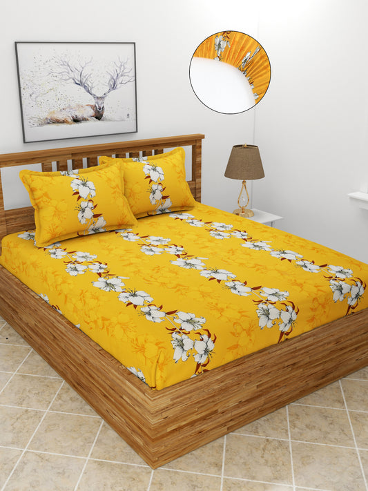 Premium Glace Cotton Elastic Fitted Double Bedsheet with 2 Pillow Covers (72x78x8 Inches)- Mustard White Flower