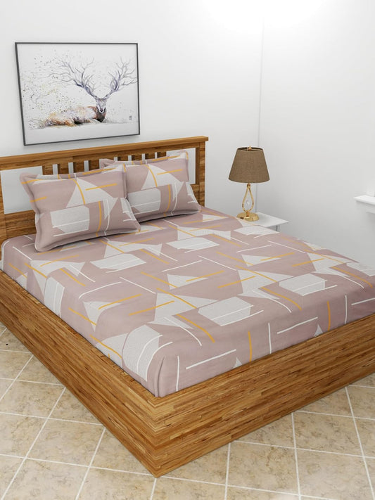 Premium Glace Cotton Elastic Fitted Double Bedsheet with 2 Pillow Covers (72x78x8 Inches)- BrownTraingle