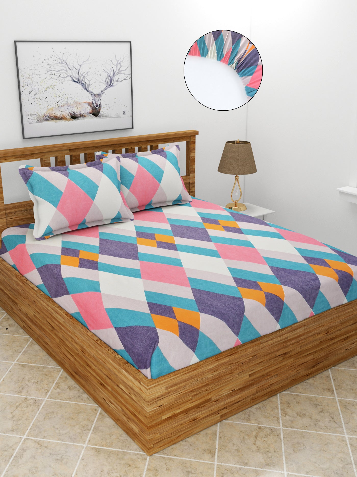 Premium Glace Cotton Elastic Fitted Double Bedsheet with 2 Pillow Covers (72x78x8 Inches)-ColorfulBlocks