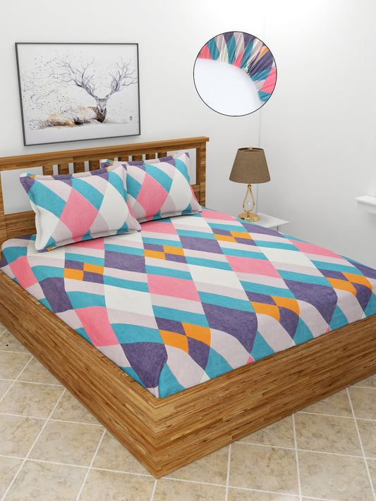 Premium Glace Cotton Elastic Fitted Double Bedsheet with 2 Pillow Covers (72x78x8 Inches)-ColorfulBlocks