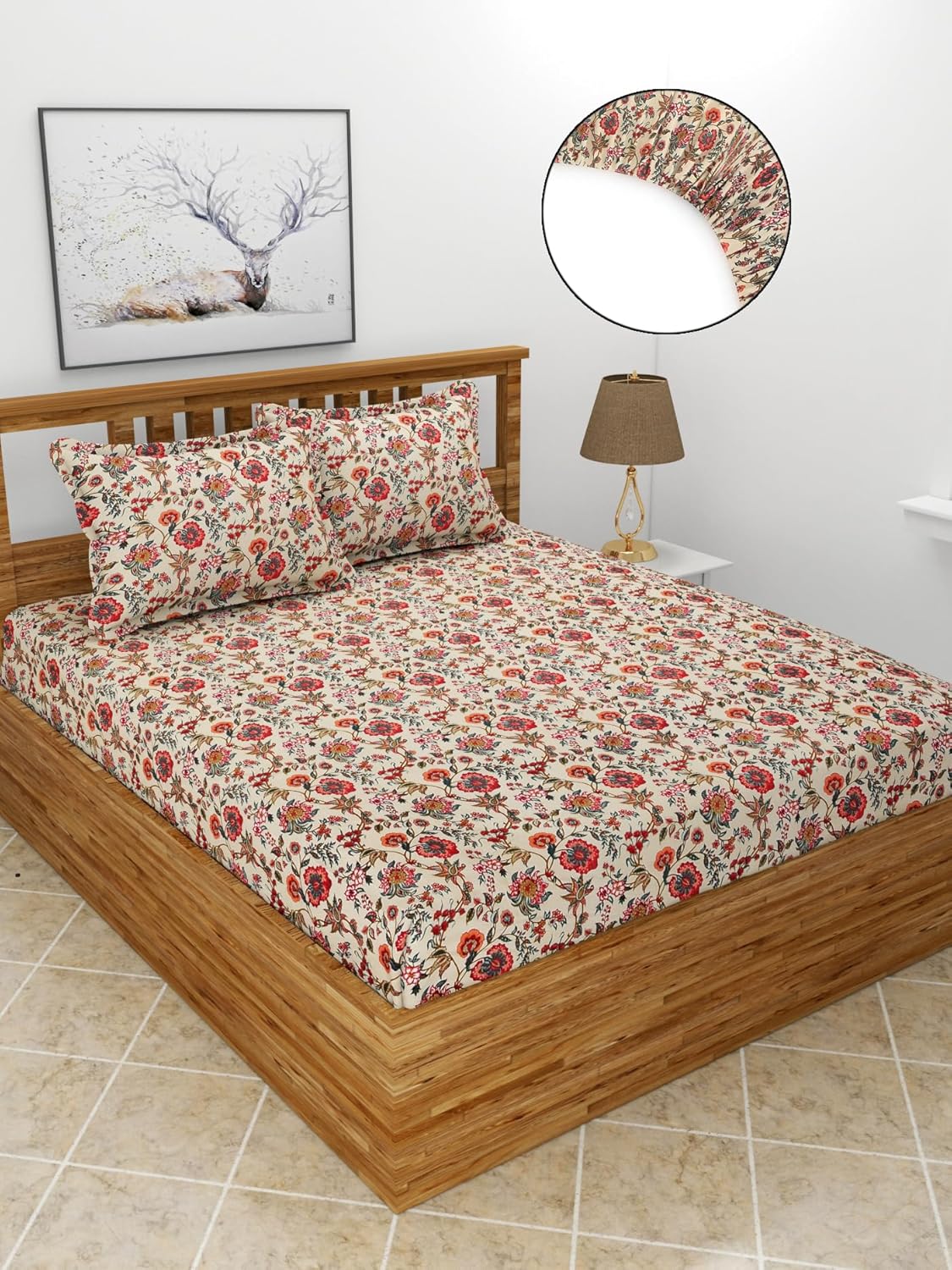 Premium Glace Cotton Elastic Fitted Double Bedsheet with 2 Pillow Covers (72x78x8 Inches)- FlowerBucket