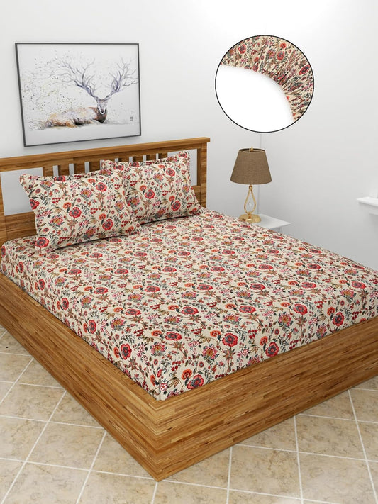 Premium Glace Cotton Elastic Fitted Double Bedsheet with 2 Pillow Covers (72x78x8 Inches)- FlowerBucket