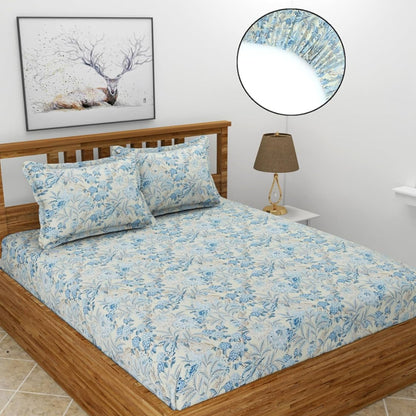 Morado Elastic Fitted Double Bedsheet with Pillow Covers- Cream & Blue