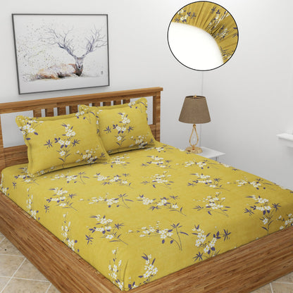 Morado Elastic Fitted Double Bedsheet with Pillow Covers- Gold Floral