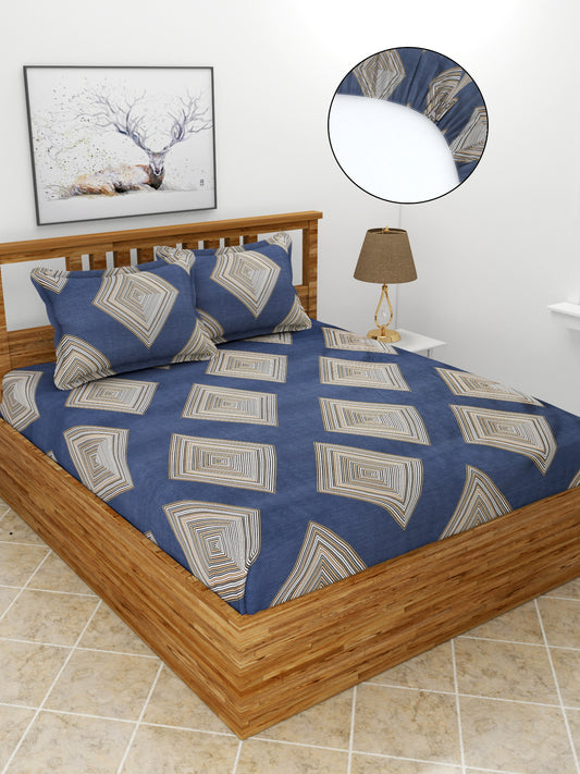 Premium Glace Cotton Elastic Fitted Double Bedsheet with 2 Pillow Covers (72x78x8 Inches)- Tiles