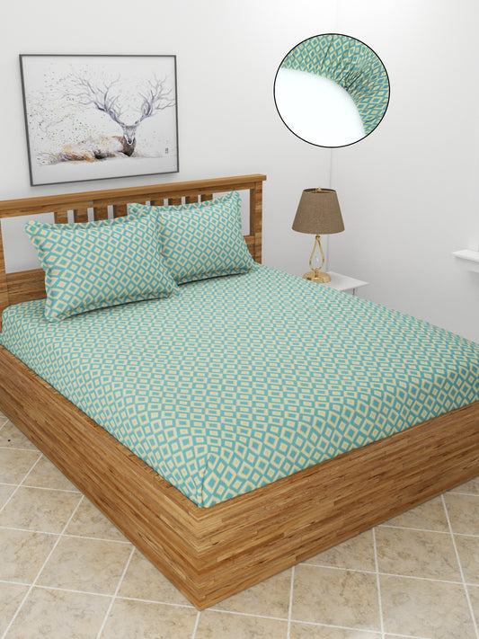 Premium Glace Cotton Elastic Fitted Double Bedsheet with 2 Pillow Covers (72x78x8 Inches)- Diamond_Mor