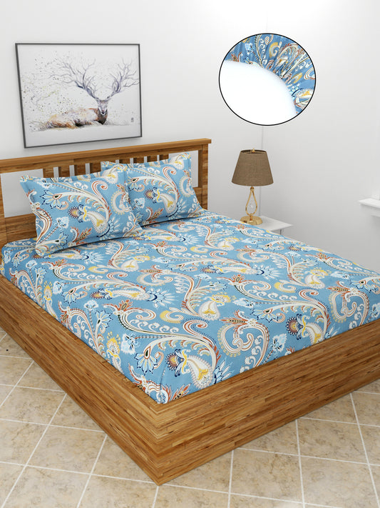 Premium Glace Cotton Elastic Fitted Double Bedsheet with 2 Pillow Covers (72x78x8 Inches)- RajasthaniPrint