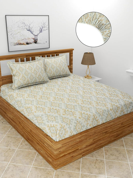 Premium Glace Cotton Elastic Fitted Double Bedsheet with 2 Pillow Covers (72x78x8 Inches)- FlenoPrint