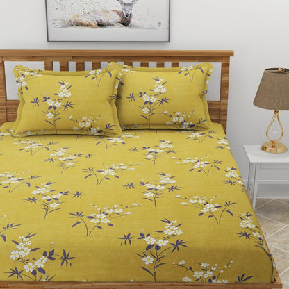 Morado Elastic Fitted Double Bedsheet with Pillow Covers- Gold Floral